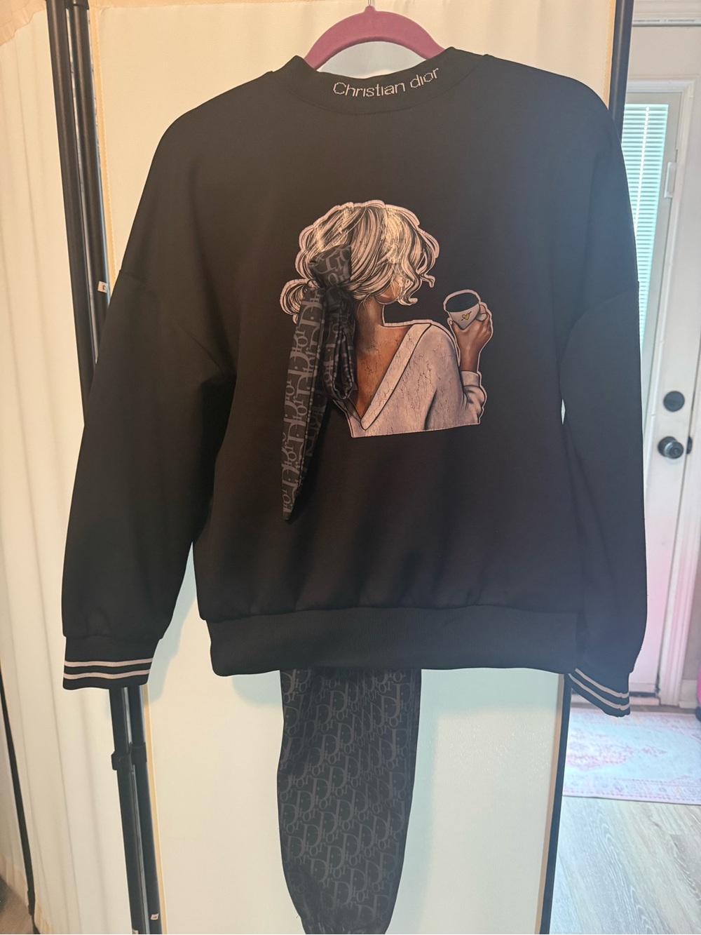 Dior Black Sweatshirt with Graphic Back and Monogram Scarf Detail